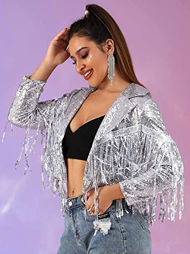 Edary Women's Sequin Jacket Coat Sparkly Long Sleeve Tassel Blazer Fringe Party Club New Years Eve Sequin Jackets4