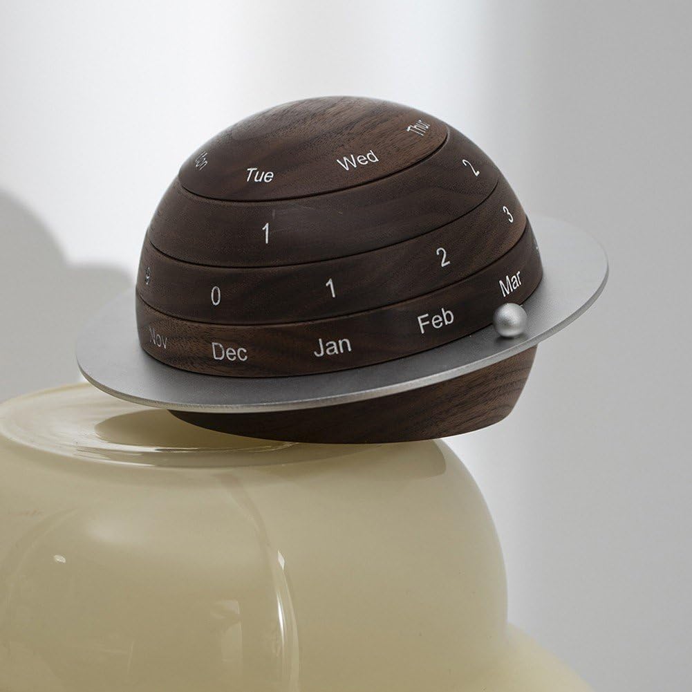 Calendario Perpetuo Scrivania Rotante in Legno con Design Vintage a Forma di Pianeta, Calendario Rustico in Legno con Conto alla Rovescia per Casa E L'Ufficio.