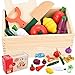 GOLDGE 14PCS Frutasy Verduras Juguete de Madera, Juego de Roles Corte de Cocina para Niños, Juguete para Cortar Temprano Eeducativos Set de Alimentos de Corte Juguete del Bebé