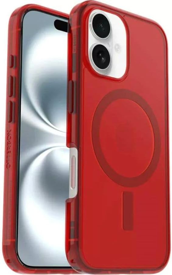 OtterBox iPhone 16 (Only) - Symmetry Clear Series+ Case - Cherry Tomato (Firecracker) - Snaps to MagSafe - Ultra-Sleek - Raised Edges Protect Camera & Screen - Non-Retail Packaging