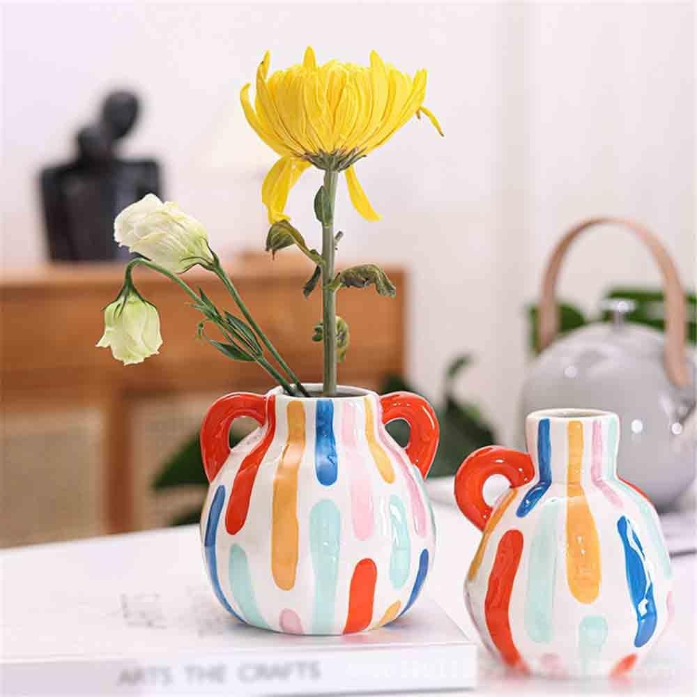 Wazon Mały ceramiczny wazon pionowe paski ładny okrągły kompozycja kwiatowa dekoracja mebli