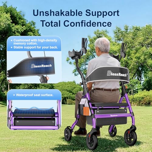 Image of BlessReach Heavy Duty Upright Rollator Walker for Seniors with Seat, 450lb Capacity, 8 inch All-Terrain Wheels, 6 Height Adjustments, Padded Seat & Backrest, Easy Assembly, Foldable Design, Purple