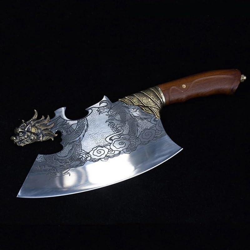 Meat Cleaver Knife, 9 Inch Chopper Knife Butcher Machete Cutter Bone Handmade Longquan Kitchen Knives Poultry Tools Copper Dragon Head Decor Hatchet