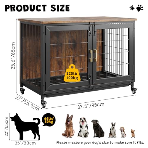 37.5 Inch Dog Kennel Furniture, Heavy Duty Dog Crate Furniture with Wheels, Grid Base, Removable Tray, Latches, Indoor Farmhouse Dog Cage for Medium and Small Dogs, Brown