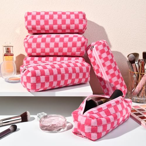6 Pcs Checkered Makeup Bag Preppy Cosmetic Bag Bulk Makeup Pouch Personalize Travel Toiletry Bag Organizer Cute DIY Makeup Brushes Storage Bag for Women Rose red2