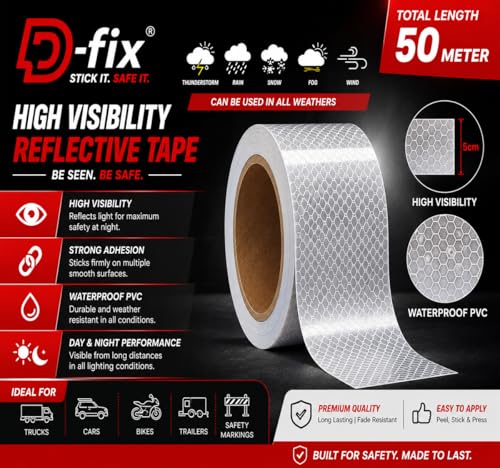 Image of D-fix High Intensity Radium Reflective Tape - 5 Meters in Length - 48mm / 2 inch Width - 1 Roll Per Pack - Car Bike and commercial vehicles Conspicuity reflective warning Tape Reflective tape White