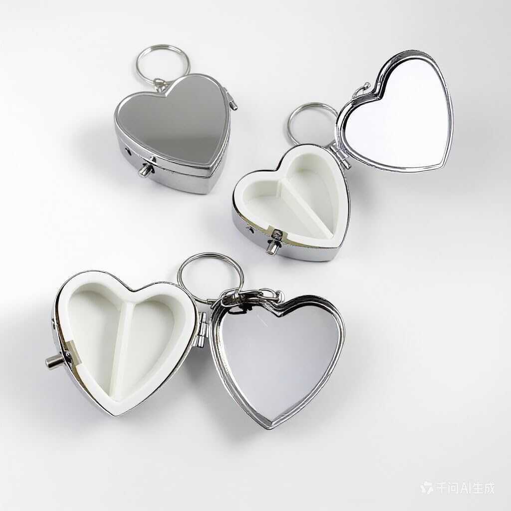 20pcs Sublimation Blank Pill Box Metal Heart Shape 2 Compartment Medicine Pill Case with Keychain,Portable Pocket or Purse Pill Box for DIY Heat Transfer Print