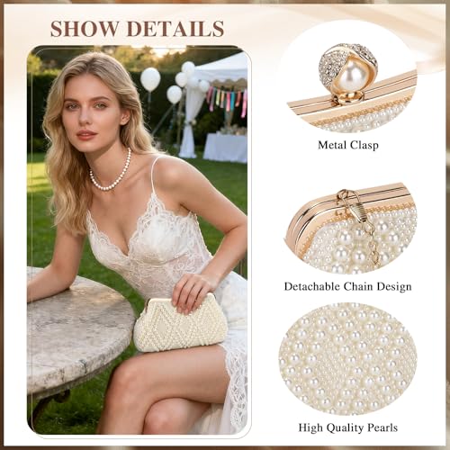 Image of UBORSE Women Pearl Clutch Bag Noble Crystal Beaded Evening Bag Wedding Clutch with Pearl Chain