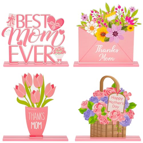 Haooryx Mother's Day Tabletop Centerpiece - 4 Pcs Happy Mother's Day Pink Flower Table Topper Centerpiece Wood Letter Sign Sign Best Mom Ever Detachable Decoration Mom's Birthday Party Gift Home Decor