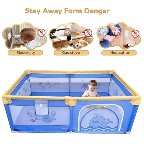 Image of Playpen for Baby up to 5 Years Playards with Pit Balls and Anti-Fall Grasp Rings, Kids Activity Center with Safety Lock (No Mat, Non-Foldable) (150x180cm Blue)