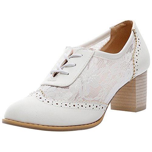 ANUFER Womens Elegant Lace Bridal Wedding Shoes Block Heel Oxfords Dress Shoes