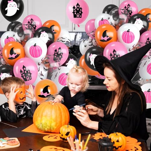 Image of Halloween Balloons,12 Inch Pink Orange and Black Balloons for Pink Halloween Baby Shower Birthday Wedding Engagement Gender Reveal Party Decorations