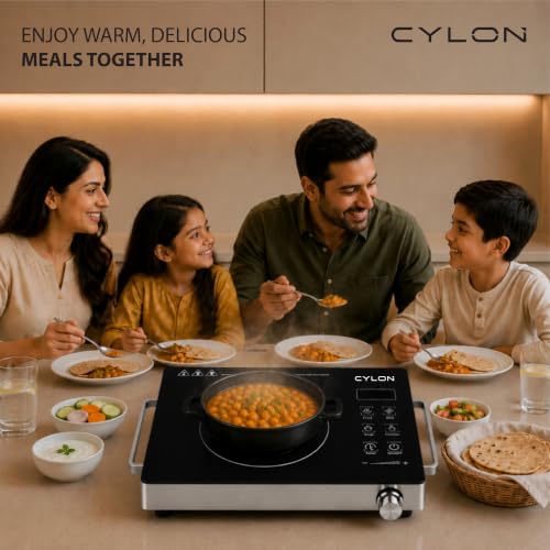 Image of CYLON InfraMate 2200W Infrared Cooktop Stove with Grill Rack, Crystal Glass Top, Digital Display, Touch Control, Compatible with All Cookware, Infrared Hot Plate, Black