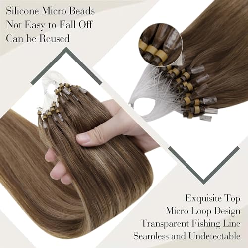 LaaVoo Micro Loop Hair Extensions Real Human Hair Brown Remy Straight Balayage Light Brown & Dark Blonde Invisible Micro Ring Hair Extensions 50g 50s 16 Inch #8/16/8 - Image 2