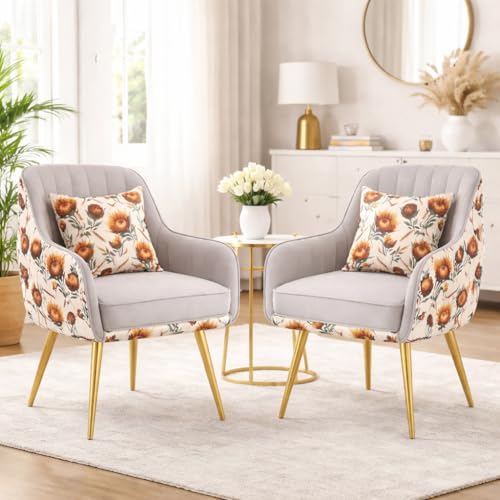 Image of Velvet Accent Chair | Luxury Upholstered Armchair with Sturdy Metal Legs | Modern Comfortable Chair for Living Room, Bedroom, Office, or Cafe (Golden Legs, Light Grey Floral)