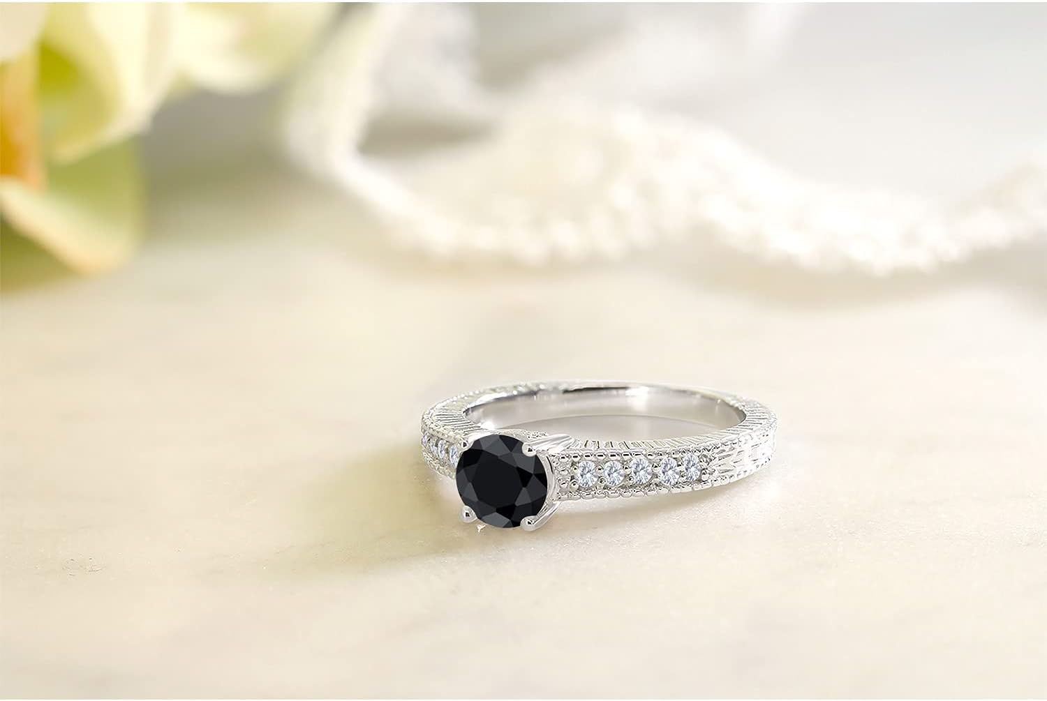 Gem Stone King 925 Sterling Silver Round Black Sapphire and White Moissanite Women Engagement Ring (1.30 Cttw, Gemstone Birthstone)