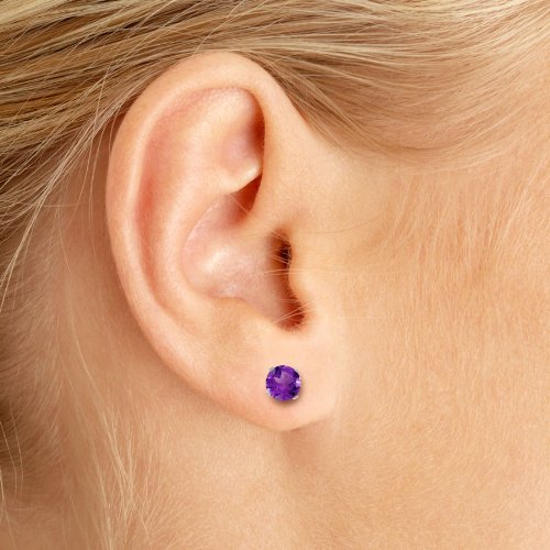 14K White Gold 5 Mm Natural Round Amethyst Stud Earrings #TOP5
