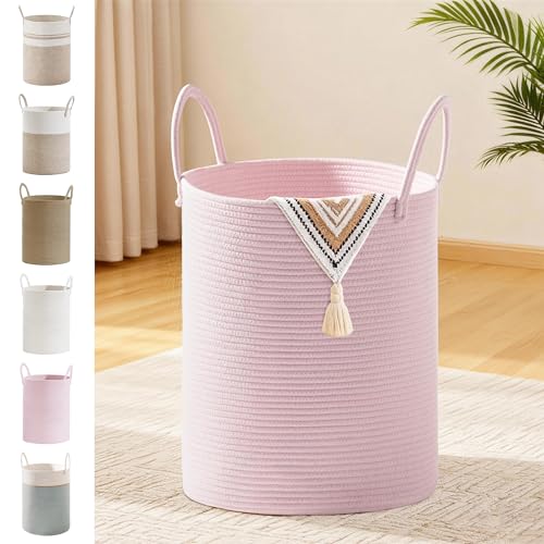 Image of 53L Tall Cotton Rope Laundry Basket with Handles, Pink