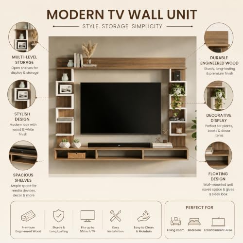 Image of FURNEASER Cabiar Wall Mount TV Unit for Living Room Wooden Entertainment Center with Storage Shelves Modern TV Panel Stand Showcase for Up to 55 Inch Media Console Cabinet (LH1)