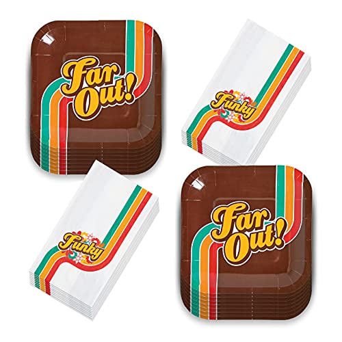 70s Decades Party Supplies Funky Far Out Square Paper Dessert Plates and Guest Napkins 16 Plates Napkins