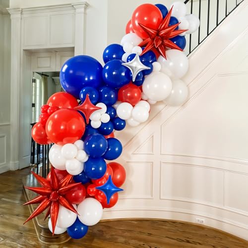 Image of Red White Blue Balloon Arch Kit, Patriotic Balloon Garland for 4th of July | Royal Blue Red White Balloons with Star Foil Balloon for 4th of July, Graduation, Birthday, Wedding, Nautical Baseball Party