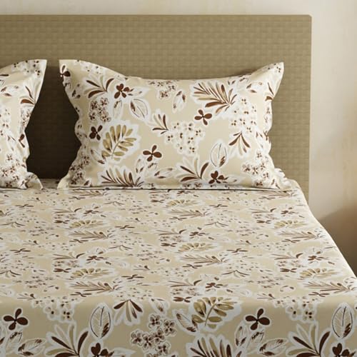 Image of Layers 100% Cotton Bedsheet for Double Size Bed | Lumina Floret Collection | 144 TC Soft & Breathable | Floral Print with 2 Pillow Covers | Wrinkle Free & Colorfast | 3 Piece Bedding Set - Beige