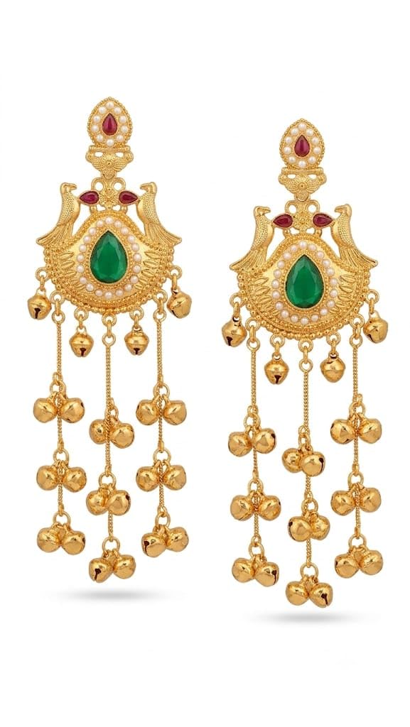 Kashmiri Brass Earrings for Women & Girls | Traditional Golden Long Dangle Earrings with Stone, Pearl & Ghungroo Tassels | Ethnic Statement Jewellery for Wedding, Festive, Party & Bridal Wear-image-11