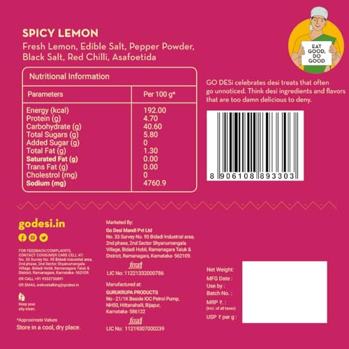 Image of GO DESi Spicy Lemon Candy, 200g, Fruit Snacks, Mouth Freshener, Nimbu Bites, Dehydrated (Pack of 3)