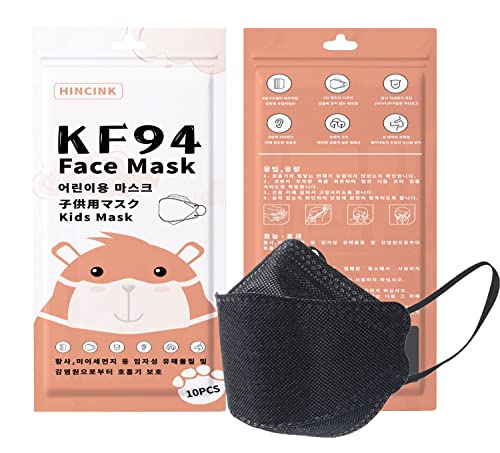 [Pack of 10] Kids Disposable Face Masks, Individually Wrapped 4-Layers Premium kf94 mask kids colorful Earloop(Age 3 to 9) (Kid 50pcs, Black)