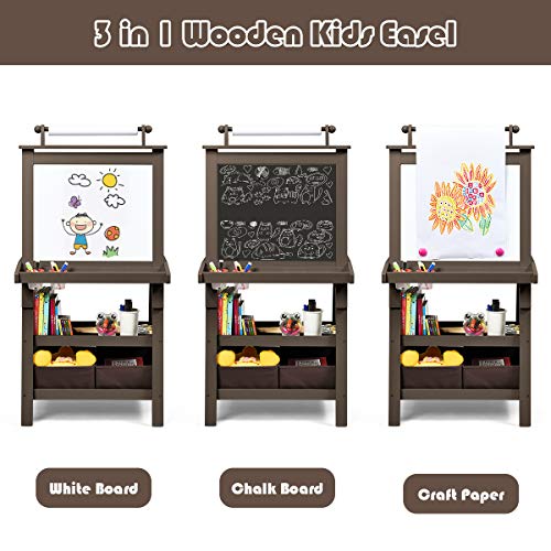 Image of GLACER All-in-One Double Sided Painting Easel for Kids with 2 Storage Bins, Paper Roll, Magnetic Whiteboard & Chalkboard, Gift for Boys & Girls (Coffee)