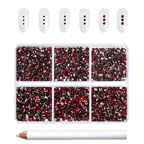 Beadsland 7200 Pcs Flatback Rhinestones for Nails,Dark Red Round Small Crystal Glass Rhinestones Gems for Crafts,Mixed 6 Sizes with Wax Pencil Kit,SS3-SS10,Dark Siam