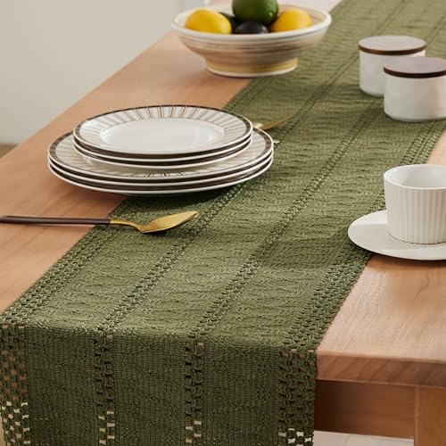 Image of ZeeMart Macrame Style Boho Table Runner, 12x72 Inch Moss | Woven Boho Table Runner with Handmade Tassels, Crochet Hollow Table Scarf, Farmhouse Kitchen Home Decor Dresser Runner