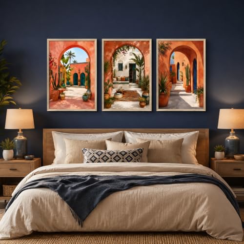 Image of Livin'luxe Set of 3 Mediterranean Arch Courtyard Wall Paintings for Living Room Bedroom Hallway Decor with Premium Wooden Color Synthetic Frame (13.5 x 19.5 Inch) NM03-99
