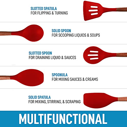 Image of Non-Stick Silicone Cooking Utensils Set with Natural Acacia Hard Wood Handle, High Heat Resistant Red Pack of 5