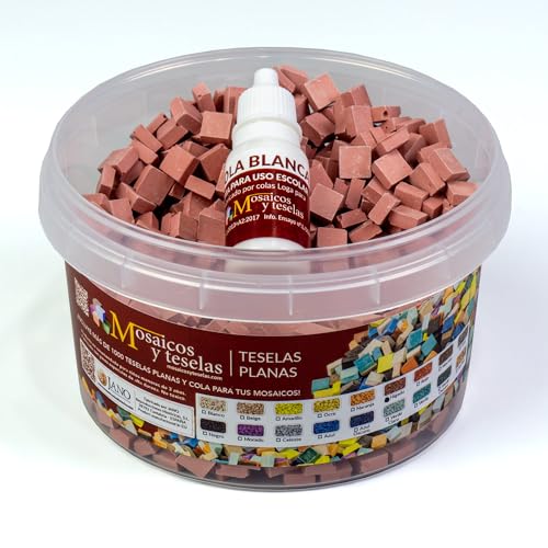 Cubo 1000 teselas rojo hígado para mosaico planas de 7,5x7,5x3 mm. + regalo cola blanca uso escolar