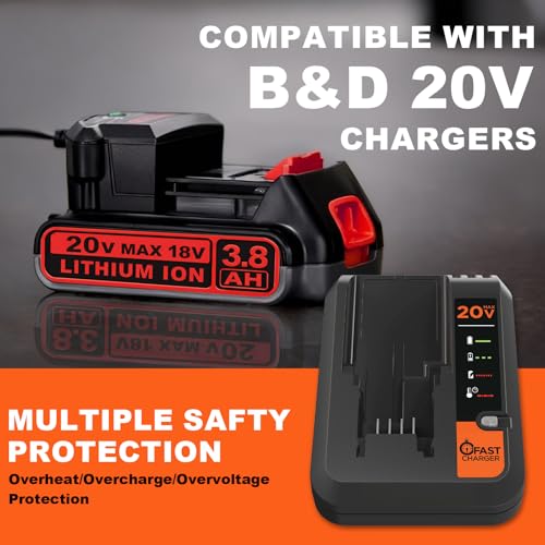 Upgraded 3.8Ah 20V LBXR20 Lithium Battery Replacement for Black and Decker 20V Lithium Battery LBD2020S LBXR20 LBXR2020APB LBXR2020-OPE LBXR2015S LBXR2020 LB2X4020 LB2X4020-OPE High Capacity (2 Pack)