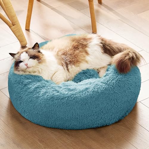 Image of Bedsure Calming Cat Beds for Indoor Cats - Small Cat Bed Washable 20 inches, Anti-Slip Round Fluffy Plush Faux Fur Pet Bed, Fits up to 15 lbs Pets, Washed Blue