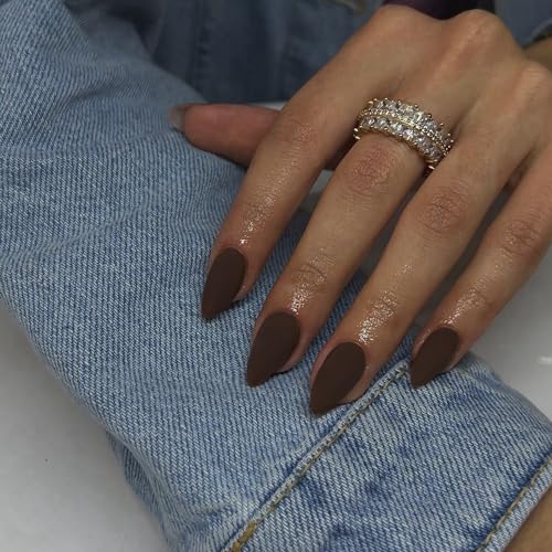 Matte Brown Press on Nails Almond Shaped Nails Press ons, Medium Fake Nails Almond Acrylic Nails Glue on Nail Medium Length False Nail for Women Thick Natural Gel Stiletto 24Pcs