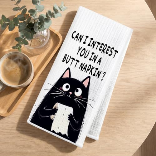 Image of Hanamiya Na 2Pcs Funny cat Hand Towel for Bathroom 24x14 Inch, Funny Absorbent Microfiber Dish Cloth Bathroom Towel, Waffle Weave Hand Towels for Toilet Home, Cat Lover Gifts