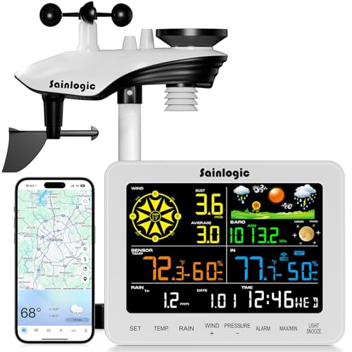 Sainlogic Station Météo Connectée, 7 en 1 Station Météo et Baromètres avec APP, 7,33" Écran LCD, Pluviomètre, Anémomètre, Intérieur Extérieur Sans Fil, Wunderground pour Jardin, Ferme et Campagne