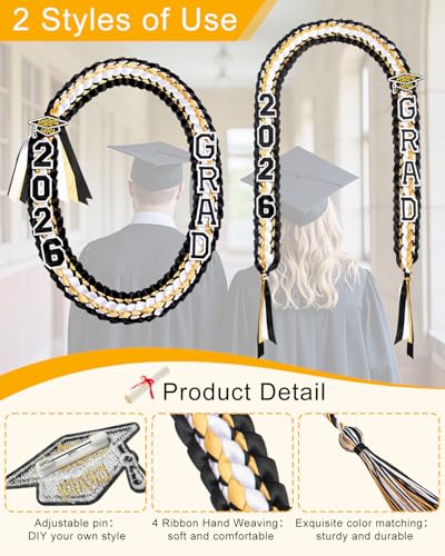 Image of Yigney Graduation Lei Set Class of 2026 Grad Ribbon Leis with Honor Cord Double Braided Graduate Leis for Men Women Black Gold White