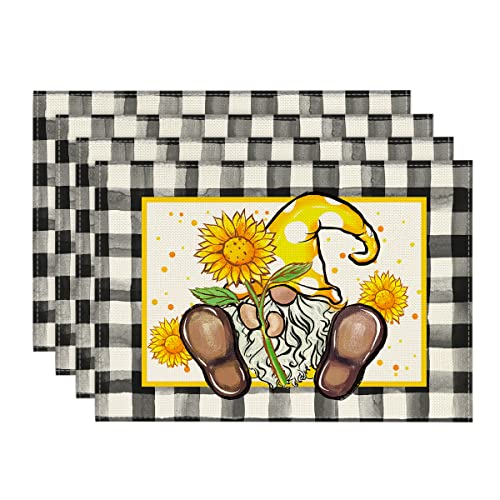 Artoid Mode Watercolor Buffalo Plaid Sunflower Gnome Placemats Set Of 4, 12X18 Inch Seasonal Holiday Table Mats For Party Kitchen Dining Decoration #TOP7
