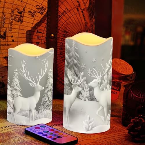 Image of Flameless Pillar Candles with Remote and Color Changing Christmas Decorations for Home Fake Battery Operated Candle Electric LED Lights Candles for Home Kitchen Deer Snow