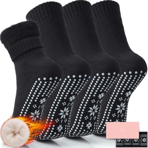 Image of ICEIVY Thermal Slipper Socks, Thick Grip Hospital Plush Slipper Grip Socks Women Winter Soft Warm Cozy Socks 4 Pairs