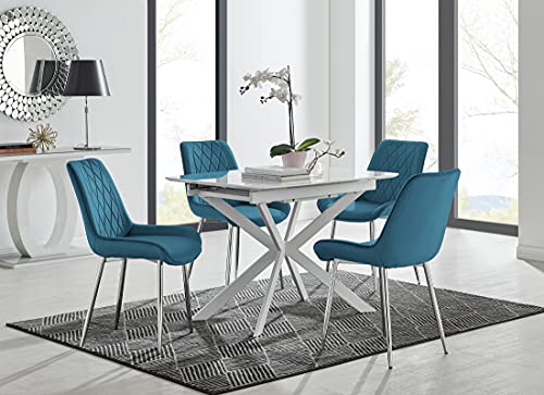 Image of Furniturebox UK Lira White High Gloss 100cm-140cm Extendable Space Saving 4/6 Seater Kitchen Dining Table With Starburst White Metal Legs & 4 Blue Velvet Silver Chrome Leg Pesaro Dining Chairs