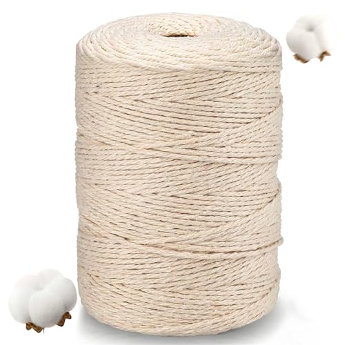 HOVIBU Hilo Macrame 3mm x 300m, Cuerda Macrame Beige, Cordon Macrame Natural, Cordón de Algodón de Macramé para Tapices, Colgadores Plantas, Manualidades Bricolaje, Hogar Decoracion Bohemia