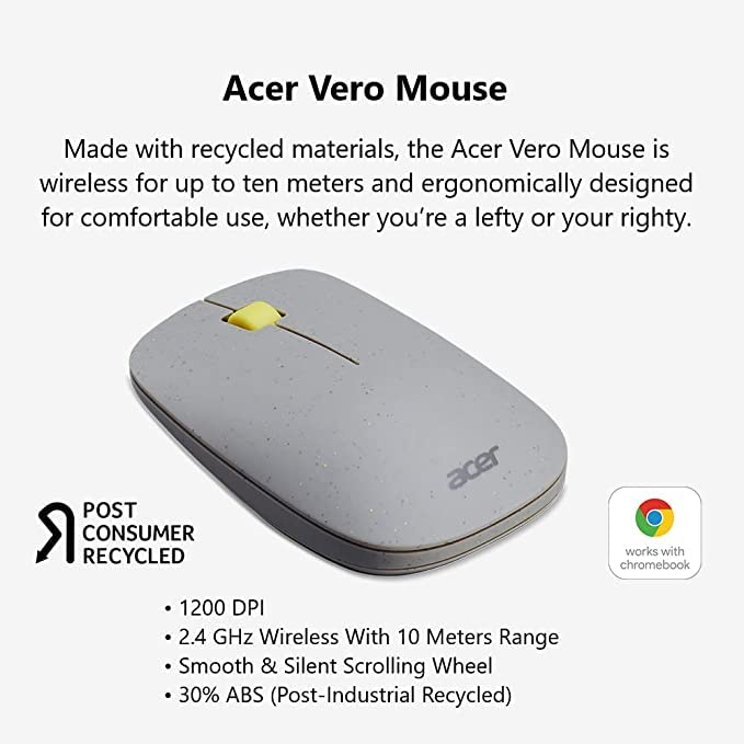Image of acer Vero 3 Button Mouse | 2.4GHz Wireless | 1200DPI | Made with Post-Consumer Recycled (PCR) Material | Certified Works with Chromebook | Gray (Pack of 20)