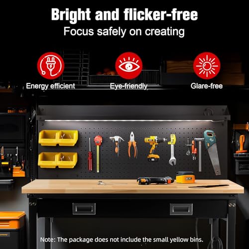Image of 48 inch Workbench with Drawers, Work Benches for Garage with Strip Light, Adjustable Work Table with Large Pegboard, 2000 LBS Heavy Duty Table with Power Outlet Rubber Wood for Garage