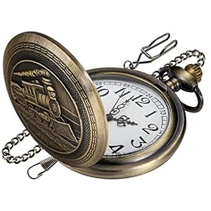 Locomotive Bronze Pocket Watch for Men,Arabic Numerals White Dial Pocket Watches for Men, Men’s Pocket Watch with Chain