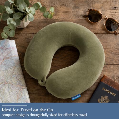 Image of Brookstone Travel Neck Pillow - Lightweight U-Shaped Memory Foam Travel Pillow for Airplane, Car Travels & Sleeping, Olive